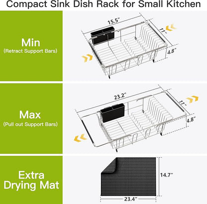 JASIWAY Dish Drying Rack in Sink with Mat, Expandable Stainless Steel Dish Drainers for Kitchen Counter, Space Saving Dish Dryer Rack for Inside Sink, Over Sink Dish Racks with Utensil Holder