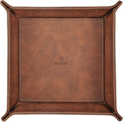SITHON Valet Tray Desktop Storage Organizer – Premium PU Leather Catchall Bedside Vanity Tray Nightstand Caddy Holder for Keys, Phone, Wallet, Coin, Valentine's Day Gift, Brown