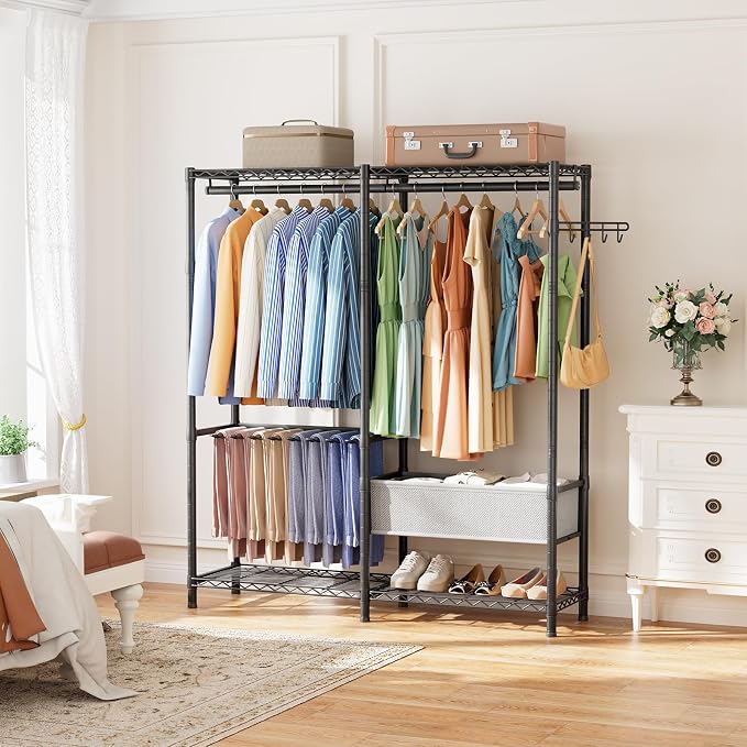 Golpart Clothes Rack Coat Rack Closet Organizers and Storage Laundry Room Organization Heavy Duty Portable Clothing Racks for Hanging Clothes Adjustable Freestanding with Shelves and Wheels Black