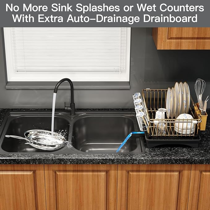 MAJALiS Gold Dish Drying Rack Over Sink with Utensil Holder, Drainboard | Expandable Stainless Steel Dish Drainer for Small Kitchen, Apartment, RV, Counter Space Saving, Perfect Fit, Rustproof