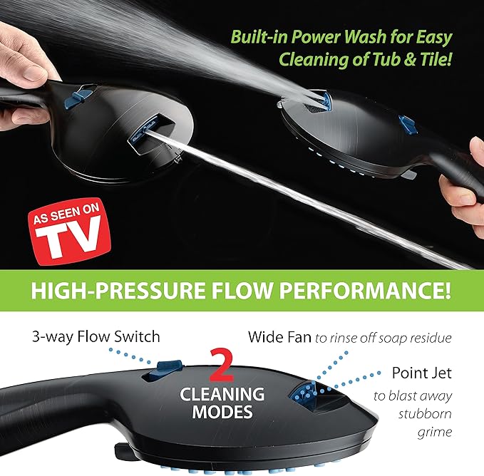 Hotel Spa AquaCare High Pressure 8-mode Handheld Shower Head - Anti-clog Nozzles, Built-in Power Wash to Clean Tub, Tile & Pets, Extra Long 6 ft. Stainless Steel Hose, Wall & Overhead Brackets