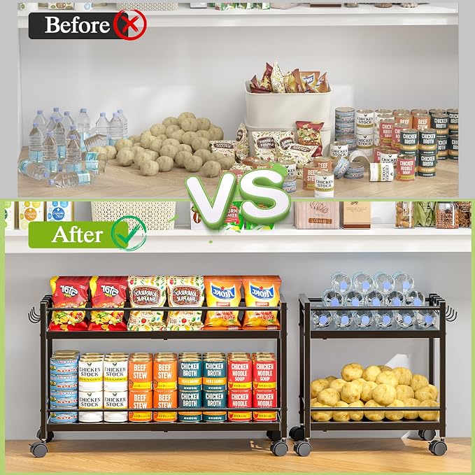 1 Pack 2-Tier Expandable Pantry Floor Organizer Cart, Rolling Pantry Storage Cart with Wheel, Adjustable Can Organizer for Kitchen Pantry, Pantry Shelves and Storage Rack for Snacks, Vegetables, Black