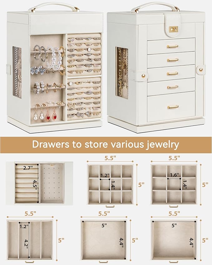 AKOZLIN Jewelry Box 6-Tier Organizer Functional 360° Rotating Jewelry Storage Case for Women Girls Ring Necklace Earring Bracelet Holder with Mirror