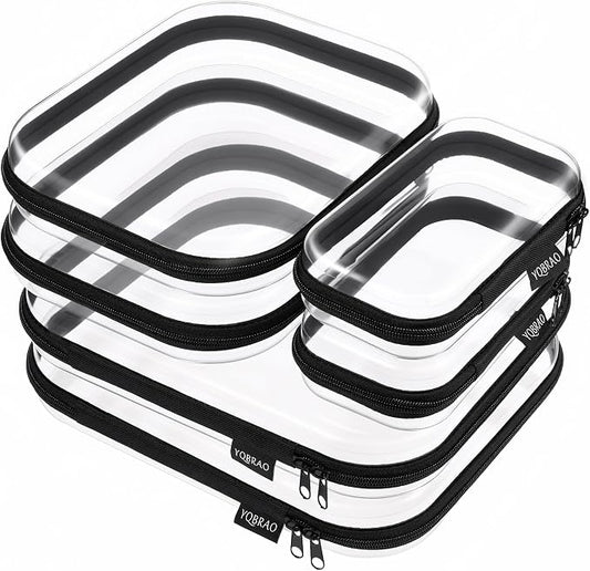 YQBRAO 6 Pack Sleek Black Clear Hard Shell Zipper Case, 1.2mm Heavy Duty Tech & Cosmetic Bags, Crush-Proof Electronic Storage & Makeup Organizer for Travel, Tools & Diaper Bag (2L+2M+2S)