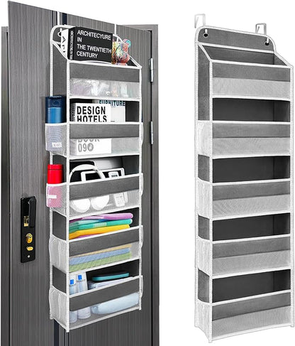 Easy Assembly Over The Door Organizer, 5 Shelves& 8 Side Pockets, Heavy-Duty Reinforced Mesh Rack Holds 44lb, Hanging Behind Door Storage for Bathroom Pantry, Nursery, Closet, Shoes, Towels- Dark Grey