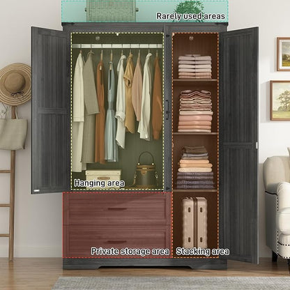 St.Mandyu Farmhouse Wardrobe Armoire Closet with 3 Doors and 2 Drawers, 70.1" Wooden Clothing Storage Cabinet, Freestanding Large Capacity Storage Wardrobe Armoire with Hanging Rod for Bedroom, Grey