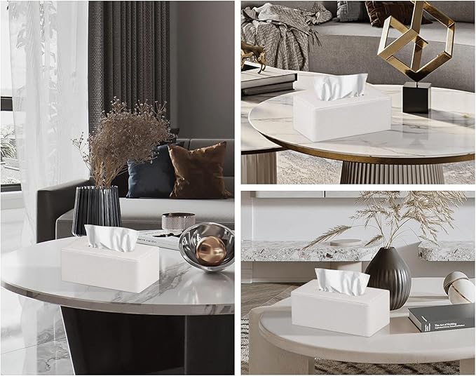 GOLRANLYE Tissue Box Cover Rectangular 9.8"(L) x 5.3"(W) x 4.3"(H) Refined Modern PU Leather Facial Tissue Dispenser Box Holder for Dresser Bathroom Decorative (Linen Beige)