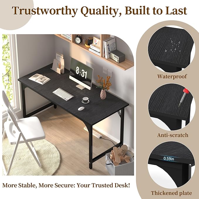 AZN Computer Desk, 55in Computer Desk, Office Desk w/Sturdy Metal Frame, Office Desk w/Water-Resistant, Scratchproof Surface, Home Office Desks w/Large Legroom for Work Study Writing Gaming, Black