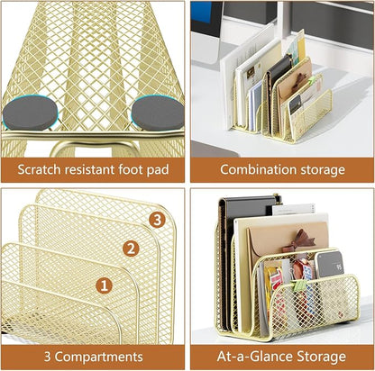 gianotter Mail Organizer Countertop, Metal File Holder with 3-Slot, Gold Desk Accessories for Office (Gold)
