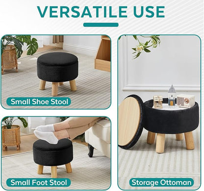 Small Foot Stool Ottoman with Storage, Soft Faux Fur Ottoman Foot Rest for Couch, Round Footstool with Storage, Small Ottomans and Footstools for Living Room and Entryway (Black)