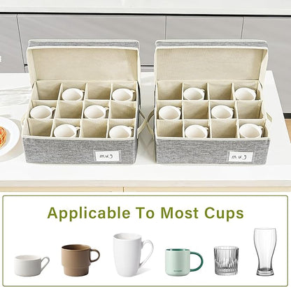 2 Pack Mug Storage Box with Dividers,Grey Cup Organizer for Tea Cup,Coffee Mug,Glass Cups,Coffee Cup Storage with Handles,Stackable Storage Case with Hard Shell Dividers,Each Holds 12 Cups