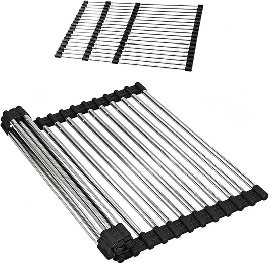 CHIRISEN Expandable Roll Up Dish Drying Rack Large, Foldable Over The Sink Dish Drying Rack, Collapsible Stainless Steel Drainer Over Sink Dish Drying Rack for Kitchen Counter (Black, 21.25''x12.79'')