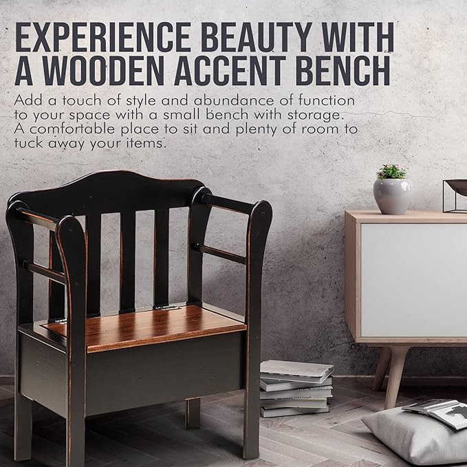 Peaceful Classics Bench with Storage - Small Wooden Storage Bench for Entryway, Hallway, Mudroom, Farmhouse, Bedroom, & Living Room, Amish Handmade Furniture Storage Organizer, Mocha