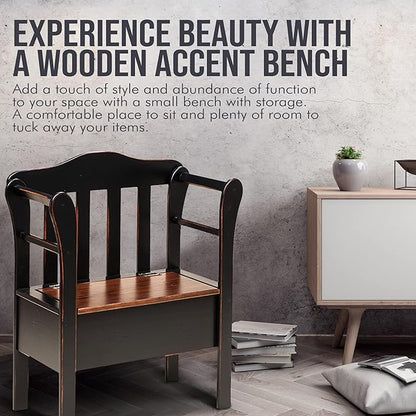 Peaceful Classics Bench with Storage - Small Wooden Storage Bench for Entryway, Hallway, Mudroom, Farmhouse, Bedroom, & Living Room, Amish Handmade Furniture Storage Organizer, Black