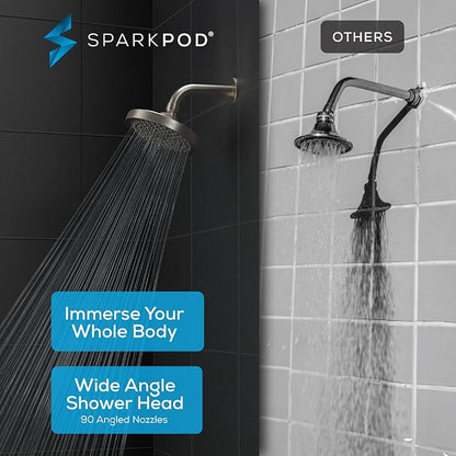 SparkPod Rain Shower Head, 6 Inch Round | High Pressure Shower Heads, 90 Nozzle (Touch-to-Clean), Adjustable Showerhead, No-tool Universal Connection