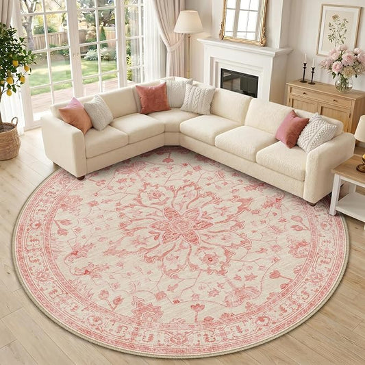 RELEANY Area Rugs Round 10ft Washable Non-Slip, Floral Vintage Distress Medallion Carpet for Living Room Bedroom Dining Room, Pink Light Vintage Pink