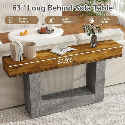 Spaco 63'' Long Console Table,2 Tier Farmhouse Entryway Table Sofa Table with Storage,Wood Behind Couch Table for Living Room, Hallway,Foyer (Rustic Brown w/Grey Leg)