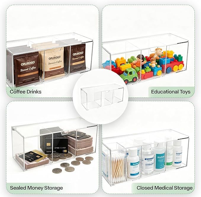 Lovemolly Acrylic Coffee Pod Organizer with Lid - 24 Pod Capacity, 3-Compartment Clear Coffee Bar Storage for Single Serve Capsules, Creamer Singles & Sugar Packets