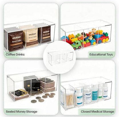 Lovemolly Acrylic Coffee Pod Organizer with Lid - 24 Pod Capacity, 3-Compartment Clear Coffee Bar Storage for Single Serve Capsules, Creamer Singles & Sugar Packets