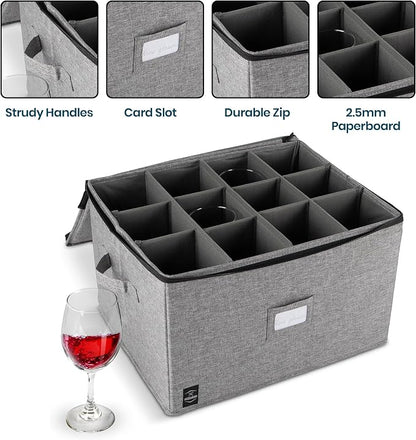 General Use Wine Glass Storage, Holds 12 Stemware Glasses, Stackable, Fully-Padded Inside with Hard Top and Sides (Grey)