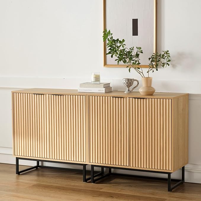 Fluted Storage Cabinets Set of 2, Sideboard Buffet Cabinet Modern Accent Cabinets with Adjustable Shelves, Credenza, Console Table Entryway Cabinet for Living Room, Natural Oak