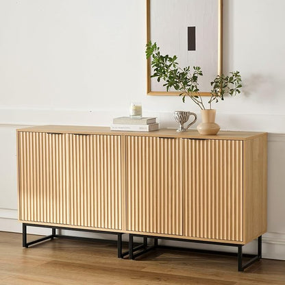 Fluted Storage Cabinets Set of 2, Sideboard Buffet Cabinet Modern Accent Cabinets with Adjustable Shelves, Credenza, Console Table Entryway Cabinet for Living Room, Natural Oak