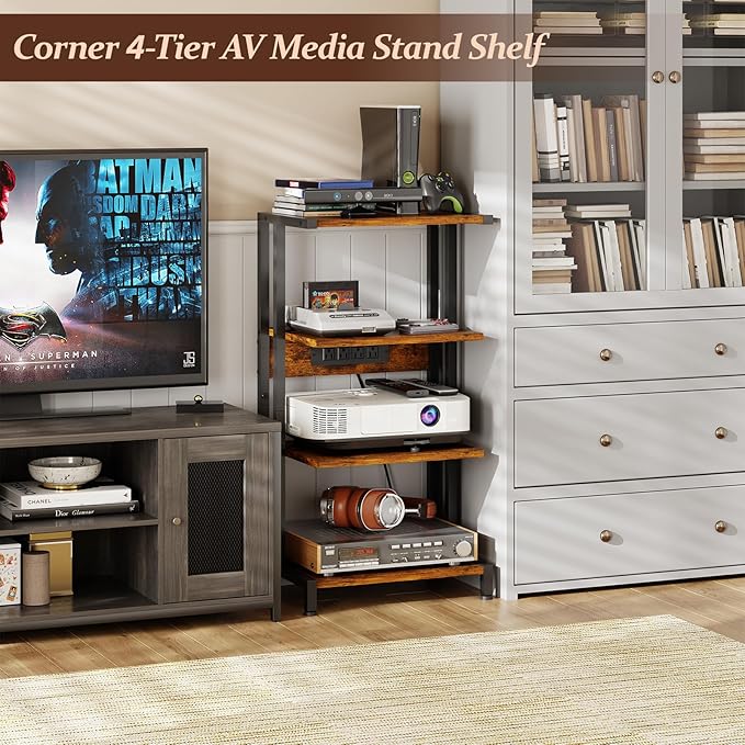 X-cosrack 16.5" Game Console Shelf, Small 4-Tier Video Gaming Consoles Stand with Outlet, Narrow Stereo Cabinet AV Media Stand, Corner Audio Rack for PS5,Xbox,Game Console,TV Box,WiFi Router