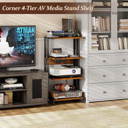 X-cosrack 16.5" Game Console Shelf, Small 4-Tier Video Gaming Consoles Stand with Outlet, Narrow Stereo Cabinet AV Media Stand, Corner Audio Rack for PS5,Xbox,Game Console,TV Box,WiFi Router