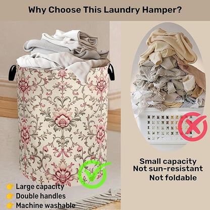 Vintage Floral Patterns Laundry Basket - Heavy Duty 60L Dirty Clothes Organizer, Water Resistant Foldable Hamper for Men Women