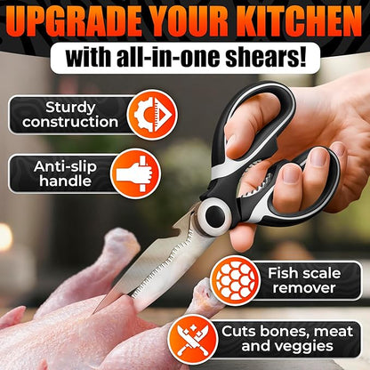 2 Pcs Heavy Duty Kitchen Scissors for Food – 5-in-1 Stainless Steel Kitchen Shears with Bottle Opener, Non-Slip Handles & Protective Cover – Utility Scissors for Cutting Meat, Poultry & Vegetables