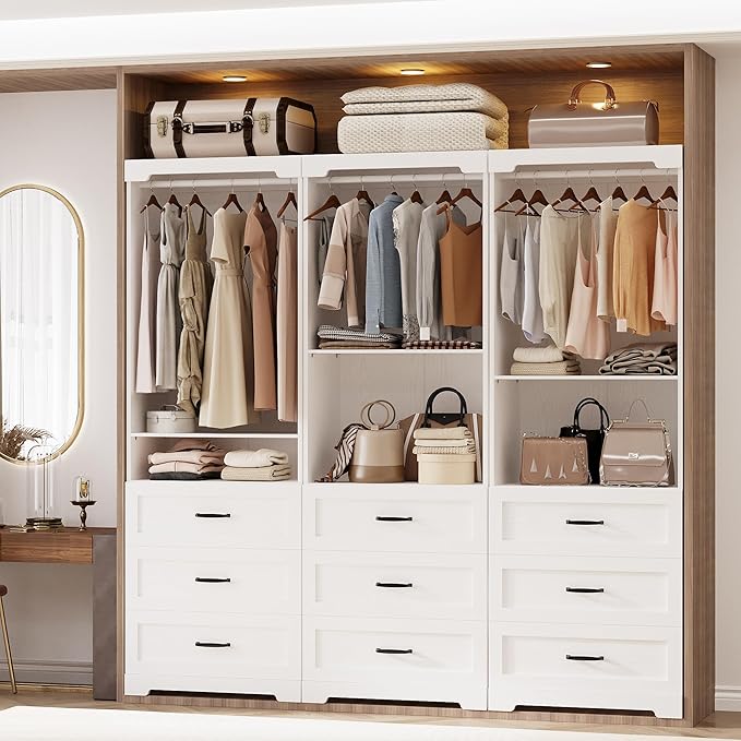 IRONCK Freestanding Closet System with 3 Wood Drawers, Modern Armoire Wardrobe with Adjustable Shelves & Hanging Rod, Walk-in Closet Systems Organizer for Small Closet, White