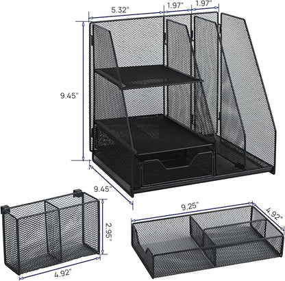 Topwey Desk Organizer, File Organizer for Desk with 2-Tier Paper Letter Tray, Drawer and 2 Pen Holder, Mesh Desktop Organization with Magazine Holder for Office Supplies