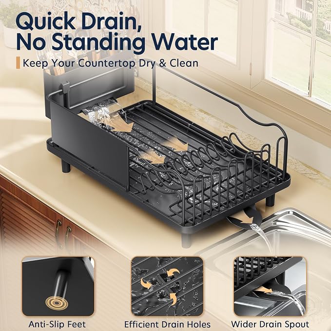 Stainless Steel Dish Drying Rack - Large Capacity Dish Rack for Kitchen Counter with Drain Board, Rustproof Dish Drainer with Drain Spout, Utensil Holder & Glass Holder, Dinnerware Organizer, Black