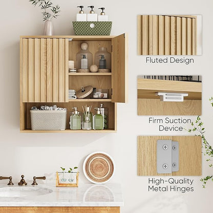 Smuxee Fluted Bathroom Cabinet Wall Mounted, Wooden Medicine Cabinet with Adjustable Shelf, Bathroom Cabinet for Bath Room, Living Room, Laundry Room