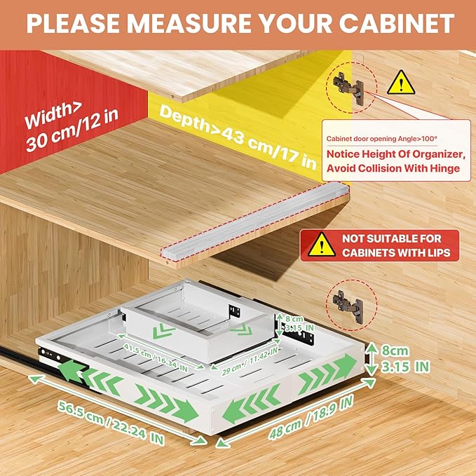 2 Pack Pull out Cabinet Organizer, Width (12"-19") Depth (17"-23"), with 3 Rails Adjustable Slide, Expandable Pullout Drawers for Cabinets, No Drill Adhesive Kitchen Drawers for Pantry Shelves