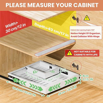 1 Pack Pull out Cabinet Organizer, Width (12"-19") Depth (17"-23"), with 3 Rails Adjustable Slide, Expandable Pullout Drawers for Cabinets, No Drill Adhesive Kitchen Drawers for Pantry Shelves
