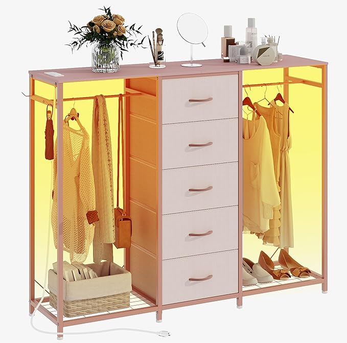 Dresser for Bedroom with Clothes Rack 5 Drawer Dresser with Charging Station LED Lights White Chest of Drawers Flexible Shelf and Open Storage Space for Bedroom Living Room (Pink)