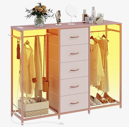 Dresser for Bedroom with Clothes Rack 5 Drawer Dresser with Charging Station LED Lights White Chest of Drawers Flexible Shelf and Open Storage Space for Bedroom Living Room (Pink)
