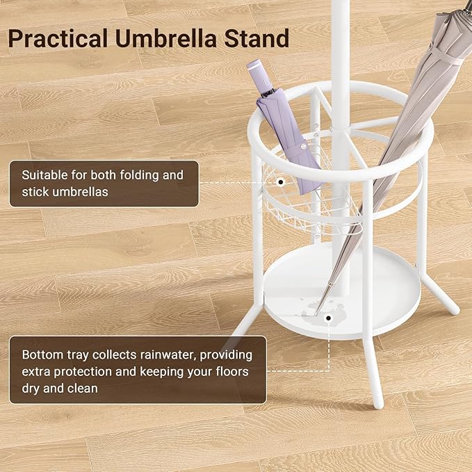 ELYKEN Coat Rack Freestanding, Metal Coat Rack Stand with Umbrella Holder, Modern Coat Tree with 12 Hooks, Floor Standing Corner Hall Tree for Entryway Living Room Bedroom Office, White
