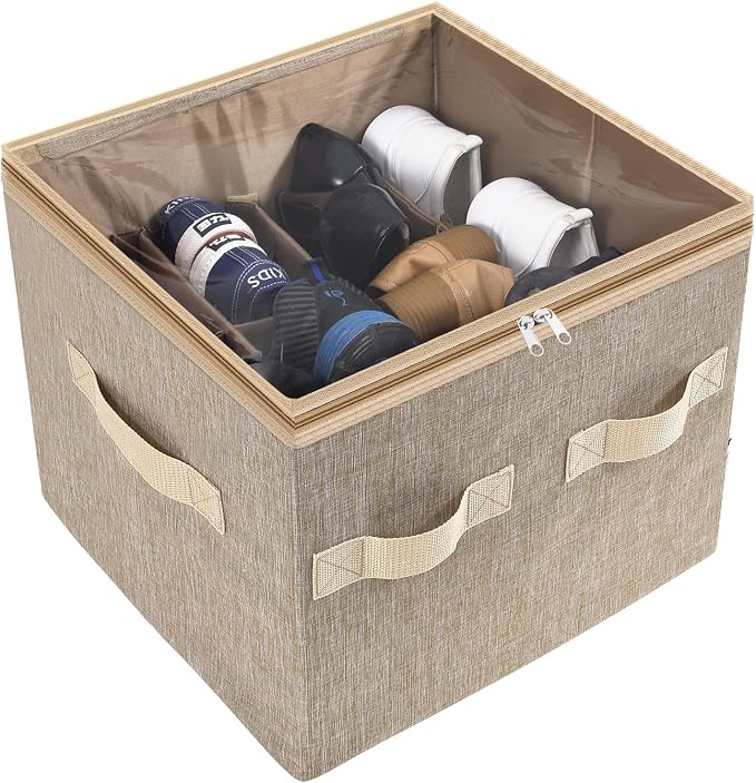 Moteph Shoe Organizer for Closet - Shoe Storage Organizer for Closet Organization with Clear Cover & Adjustable Dividers, Shoe Rack & Basket - (Light Brown, Small - 12 Pairs)
