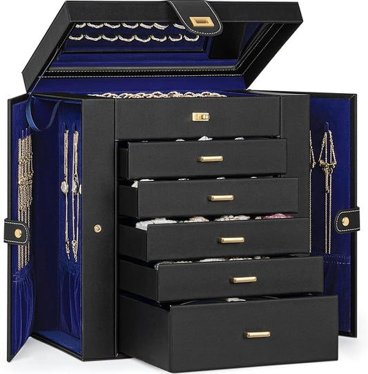 AKOZLIN 6-Tier Jewelry Box Organizer Functional 5 Drawers Leather Jewelry Storage Case for Women Girls Ring Necklace Earring Bracelet Holder Organizer with Mirror Extra Large BlackBlue