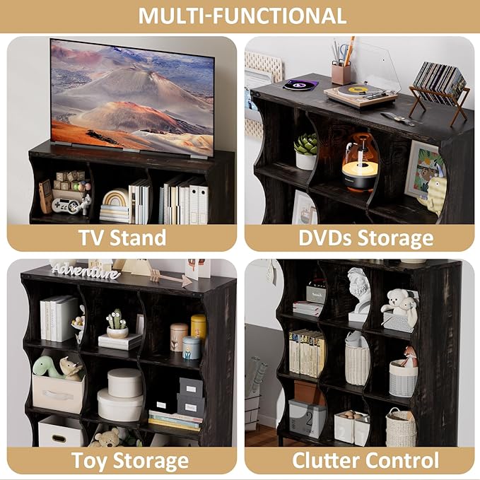 9 Cube Book Shelf, Low and Short Bookshelf, Long Cube Storage Organizer Wood TV Stand, Toy Organization DVD Cabinets for Living Room, Office, Bedroom, Dorm, Dark Brown with Dark Brown Top