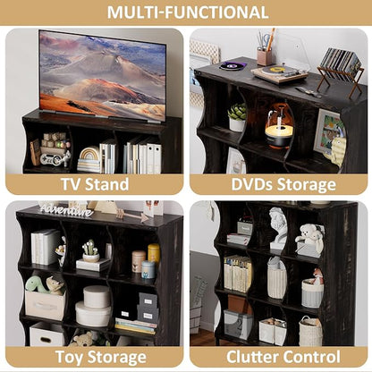 9 Cube Book Shelf, Low and Short Bookshelf, Long Cube Storage Organizer Wood TV Stand, Toy Organization DVD Cabinets for Living Room, Office, Bedroom, Dorm, Dark Brown with Dark Brown Top