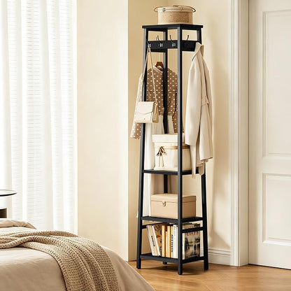 Coat Rack Freestanding, Coat Stand with 3 Shelves and 7 Hooks, Hall Tree Free Standing, Clothes Rack Stand Organizer for Bedroom, Hallway, Entryway, Living Room, Industrial Style, Black