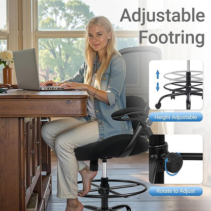 HYLONE 400lbs Big and Tall Heavy Duty Drafting Chair 5" Thickened Seat Tall Office Chair Flip-Up Armrests Ergonomic Chair with Lumbar Support and Adjustable Footrest Ring Standing Desk Chair (Black)