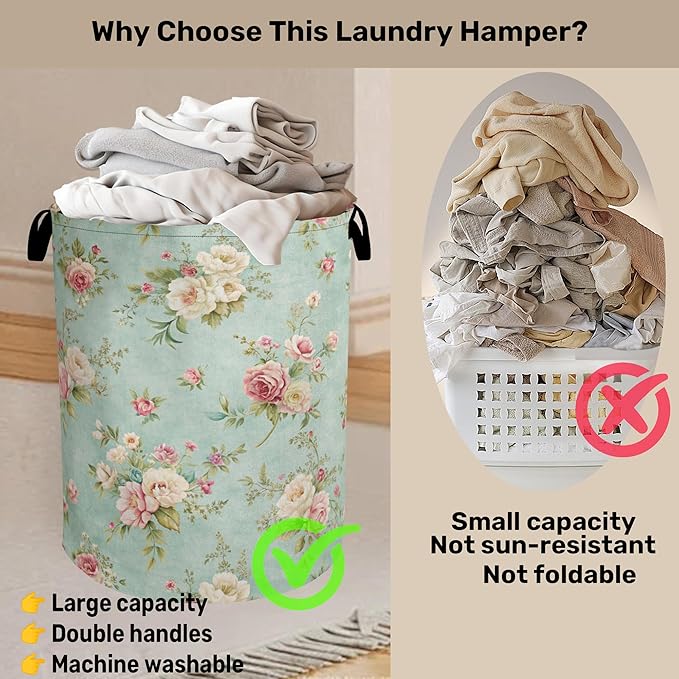 Vintage Rose Laundry Basket - Heavy Duty 60L Dirty Clothes Organizer, Water Resistant Foldable Hamper for Women