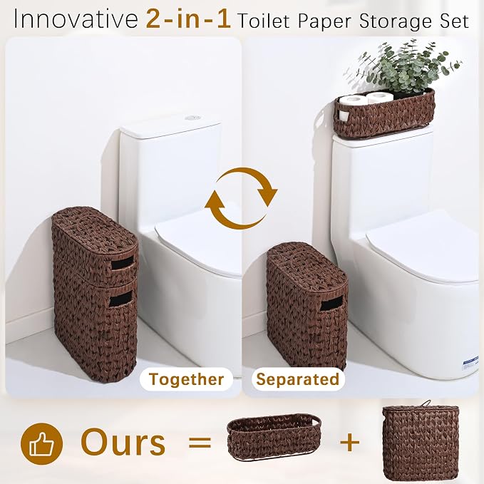 Livole 2-in-1 Toilet Paper Basket with Lid Toilet Paper Storage - 16 Regular Rolls or 12 Mega Rolls Woven Plastic Rattan Waterproof Toilet Paper Organizer for Bathroom, Browm