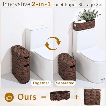 Livole 2-in-1 Toilet Paper Basket with Lid Toilet Paper Storage - 16 Regular Rolls or 12 Mega Rolls Woven Plastic Rattan Waterproof Toilet Paper Organizer for Bathroom, Browm