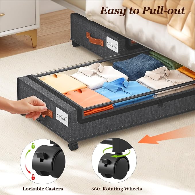 Yecaye 70 L Under Bed Storage with Wheels, 3 Pack Larger Capacity Under Bed Storage Containers, Underbed Shoe Storage Organizer, Rolling Under Bed Metal Drawers for Clothes, Blankets, Hemp Grey