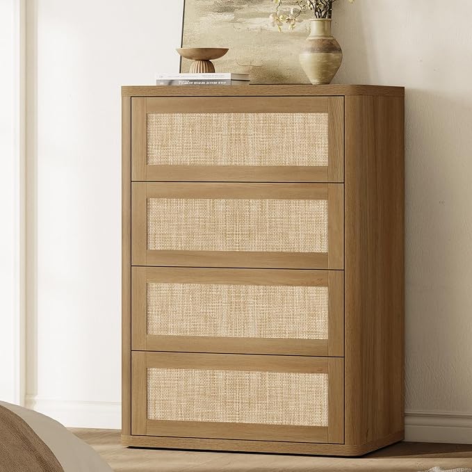 SICOTAS 4 Drawer Dresser for Bedroom-40.59'' Tall Rattan Bedroom Dressers with Oversized Drawers, Modern Wooden Chest of Drawers, Push-to-Open Storage Dresser for Closet, Nursery, Amber Oak